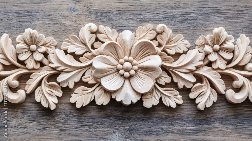 Fototapeta premium Serene artisan workshop showcasing intricate floral wood carving artistry