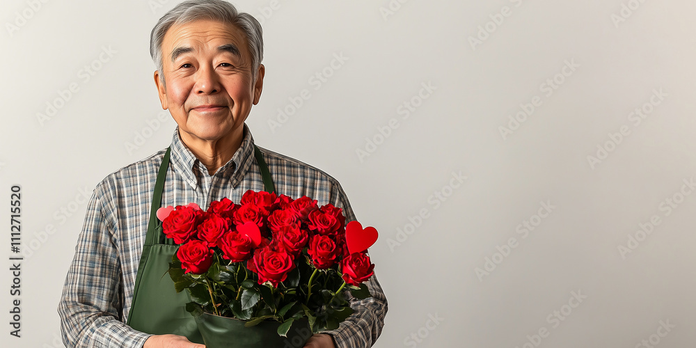 Senior florist holding red roses for valentine's day Senior florist holding red roses for valentine's day