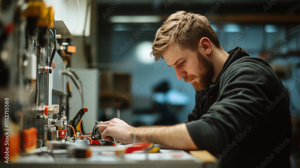 A side view of a plumber working on the final connections of an underfloor heating system, with tools and materials neatly arranged