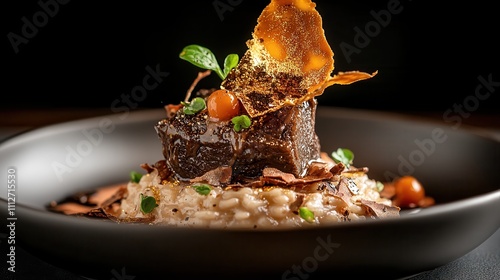 A delectable beef dish served on creamy risotto, adorned with artistic garnishes creating an inviting culinary masterpiece that captures the essence of fine dining. photo