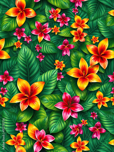 Tropical flowers and leaves in a colorful seamless pattern, floral patterns, bright colors, floral arrangements