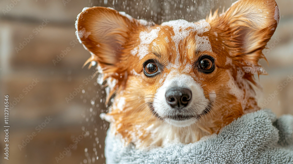 A Welsh Corgi Pembroke with a bubbly coat enjoys a playful bath, wrapped in a towel, with water droplets glistening A Welsh Corgi Pembroke with a bubbly coat enjoys a playful bath, wrapped in a towel, with water droplets glistening