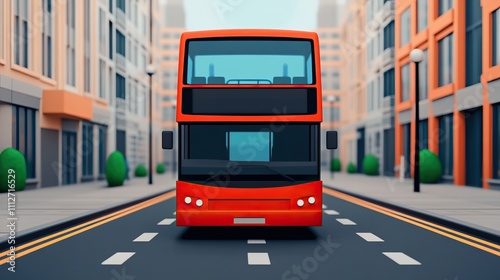 A colorful red double-decker bus is parked on a modern city street, surrounded by contemporary buildings and greenery.