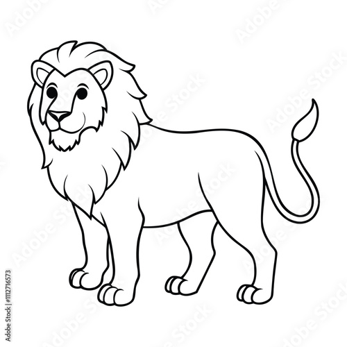 Cute black and white lion illustration in a cartoon style