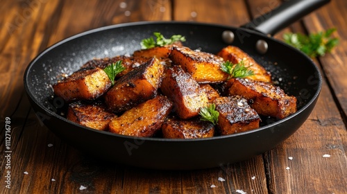 Deliciously roasted squash chunks sprinkled with herbs in a skillet, beautifully seasoned and golden brown, offering a warm, flavorful, and inviting culinary delight.