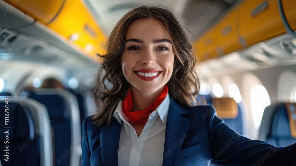 A flight attendant with a bright smile stands in the aircraft, exuding professionalism and friendliness, making airplane travel a pleasant experience for passengers. A flight attendant with a bright smile stands in the aircraft, exuding professionalism and friendliness, making airplane travel a pleasant experience for passengers.