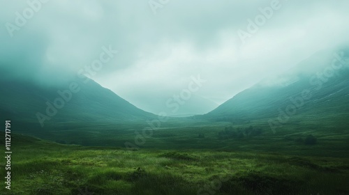 Foggy Mountain Valley with Lush Green Grass