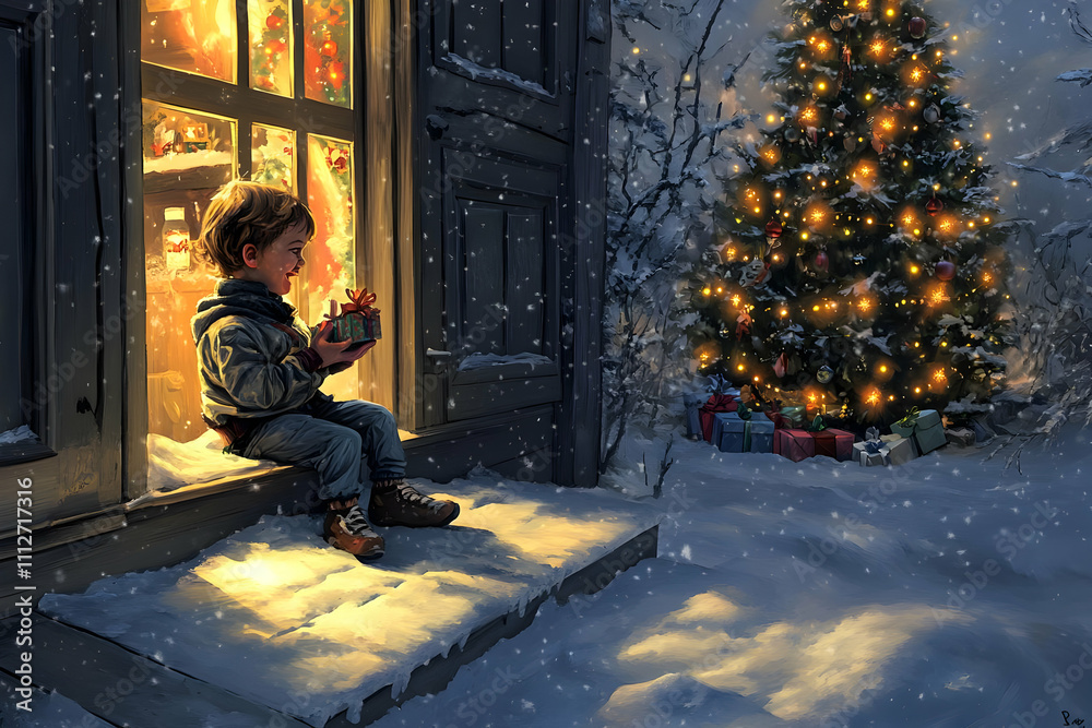 A child sits on a snowy porch, holding a gift, with a glowing Christmas tree in the background. A child sits on a snowy porch, holding a gift, with a glowing Christmas tree in the background.