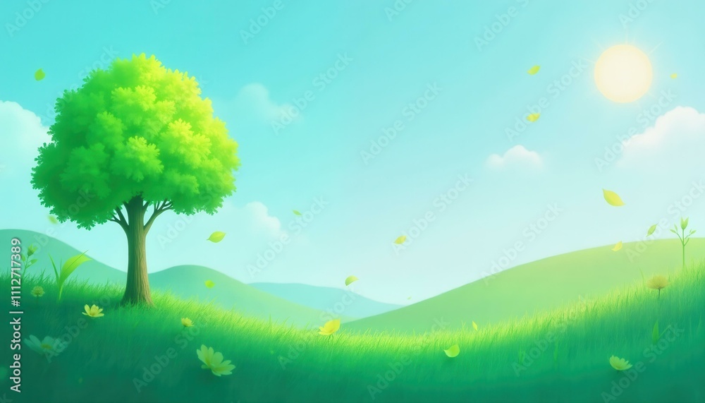 Serene Green Hills Landscape with Tree and Flowers, Idyllic Spring Day Scene Serene Green Hills Landscape with Tree and Flowers, Idyllic Spring Day Scene