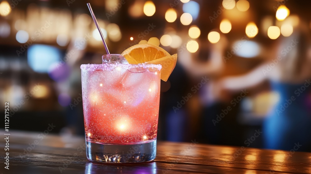 An enticing cocktail is adorned with an orange slice, resting on a bar with warm lighting and a lively, social atmosphere, perfect for festive gatherings. An enticing cocktail is adorned with an orange slice, resting on a bar with warm lighting and a lively, social atmosphere, perfect for festive gatherings.