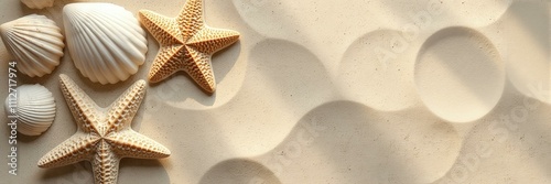Seashells and Starfish on Sandy Beach Summer Vacation Concept