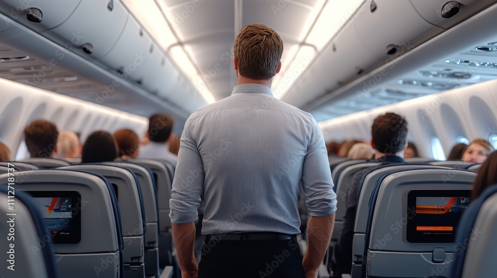 A man stands confidently in the airplane aisle, looking around at seated passengers, capturing a moment of calm and reassurance amidst the smooth journey. A man stands confidently in the airplane aisle, looking around at seated passengers, capturing a moment of calm and reassurance amidst the smooth journey.
