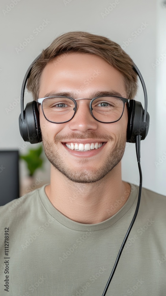 Smiling young man in call center headset working with computer and providing excellent customer service support in modern office setting Smiling young man in call center headset working with computer and providing excellent customer service support in modern office setting