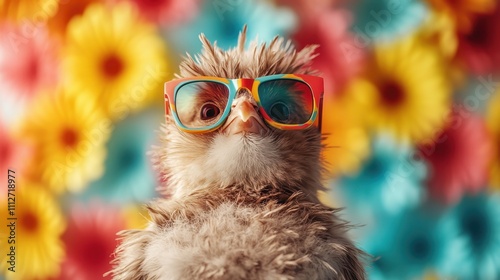 A cute bird with curly feathers and colorful glasses set amidst a lively backdrop of flowers, exuding charm and cheerful vibrance. photo