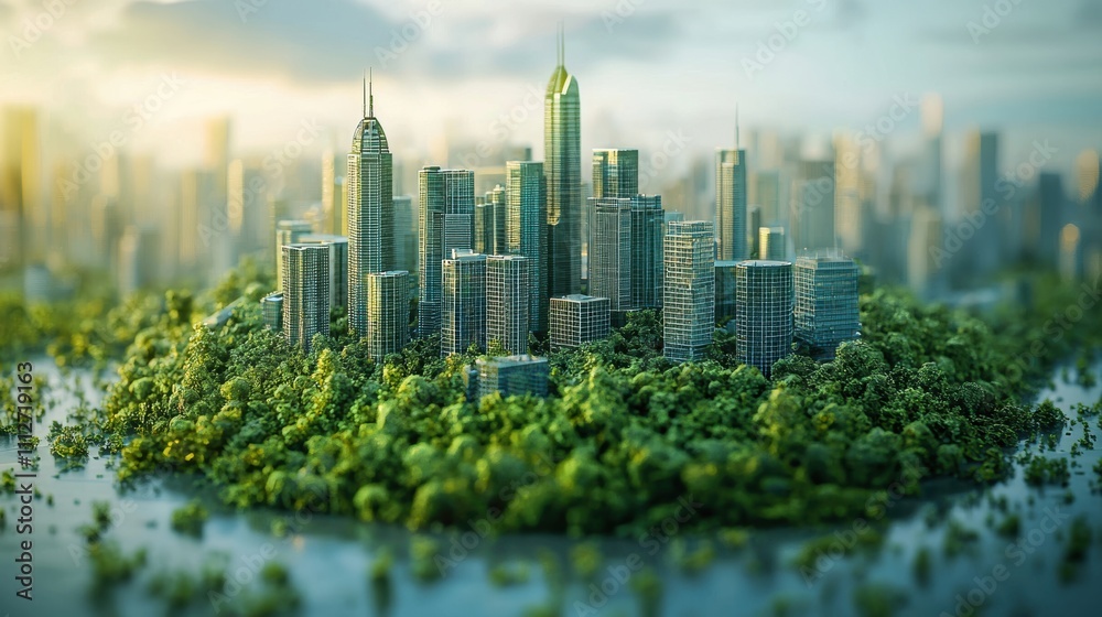 Fototapeta premium Green smart city surrounded by lush forest promoting sustainability