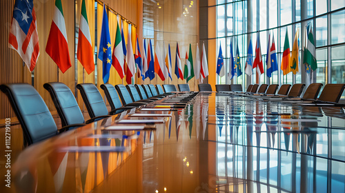 Embassy, international politics, European Union and United national Flags