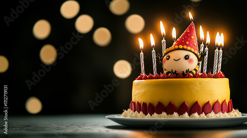 yellow birthday cake with red icing and a cute cartoon figurine that has a red conical party hat