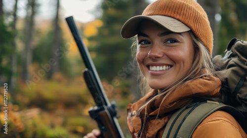 An adventurous female hunter holds her rifle confidently, surrounded by vibrant autumn foliage, poised for a thrilling expedition into the wild woods. photo