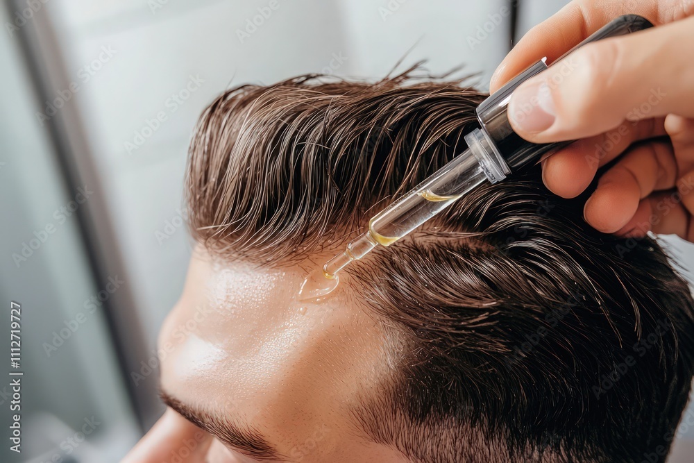 Fototapeta premium a young man applying serum for hair growth in a bathroom setting, addressing hair loss concerns