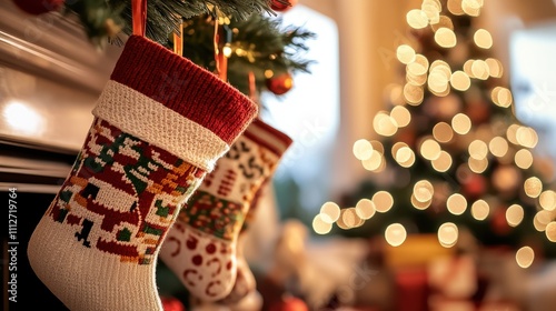 Colorful Christmas stockings hang festively before a beautifully lit Christmas tree, capturing the cozy, warm essence of the holiday season in a home setting. photo