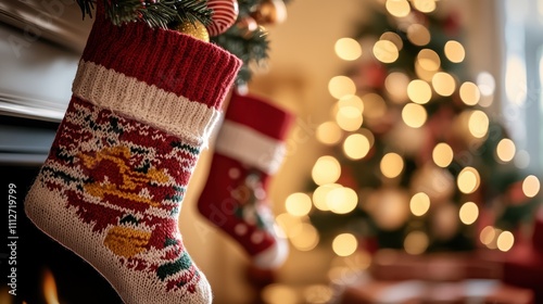 A vibrant Christmas stocking adorned with colorful designs hangs by a fireplace, with a beautifully lit and decorated tree softly focused in the background. photo