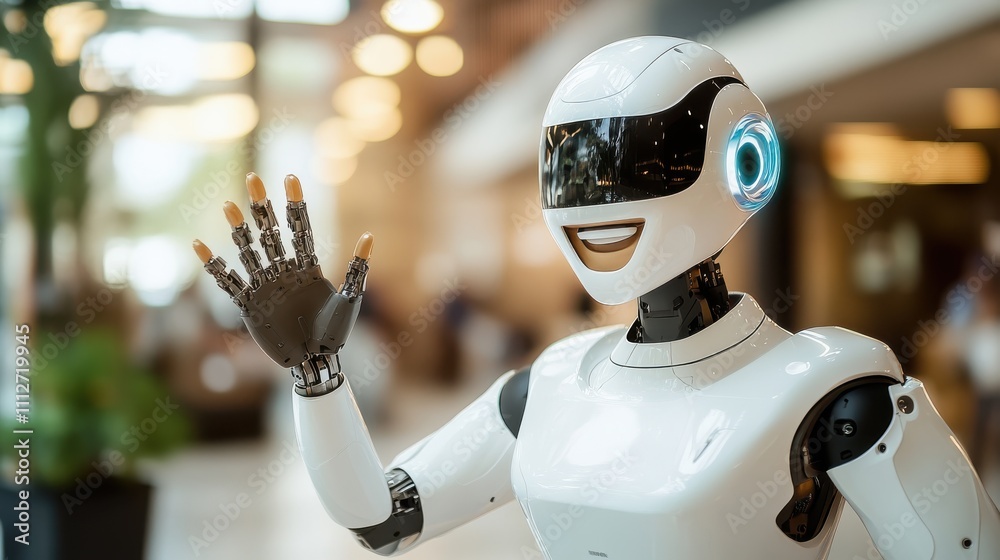 A sleek humanoid robot with a friendly expression waves in a bright, modern interior setting, showcasing advanced technology and AI interaction potential. A sleek humanoid robot with a friendly expression waves in a bright, modern interior setting, showcasing advanced technology and AI interaction potential.