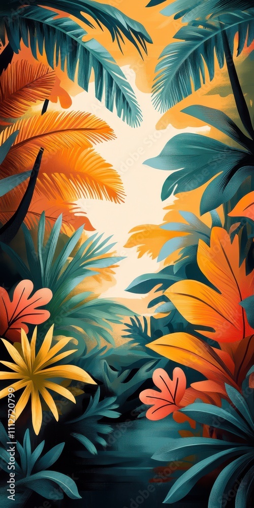 The image showcases a colorful array of tropical leaves, arranged in a vibrant, abstract jungle composition, exuding a serene and lively ambiance. The image showcases a colorful array of tropical leaves, arranged in a vibrant, abstract jungle composition, exuding a serene and lively ambiance.