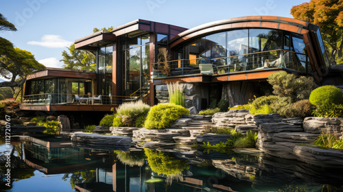 Futuristic style, Modern home and garden background, Creating Abstract geometric design of Outdoor Spaces architecture decorate modern concept