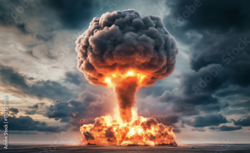 A powerful explosion with a massive mushroom cloud rising amidst dark, dramatic skies. photo