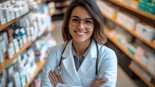 A confident female doctor wearing glasses and a stethoscope in a well-stocked pharmacy aisle, embodying professionalism and expertise in the healthcare field.