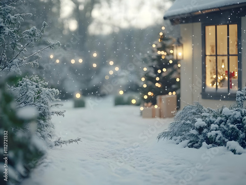 A cozy winter scene with snow, a decorated tree, and warm lights outside a house.