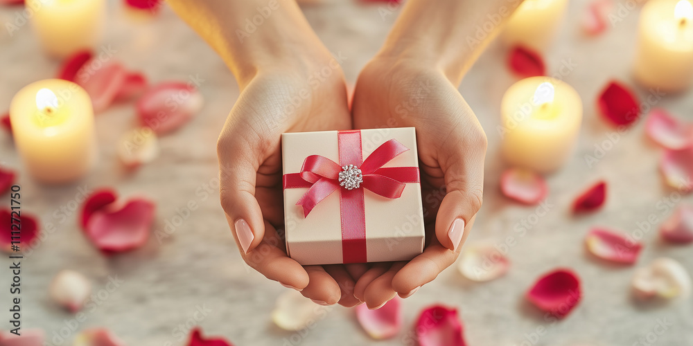 Woman holding valentine's day gift box with red ribbon and rose petals surrounded by candles with love Woman holding valentine's day gift box with red ribbon and rose petals surrounded by candles with love