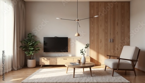 Modern living room interior with wooden furniture, plant, and soft lighting in a cozy atmosphere