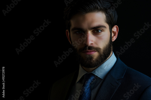 Professional portrait of a bearded man in a formal suit and tie, posed against a black background, exuding confidence and sophistication in a sleek, minimalist setting