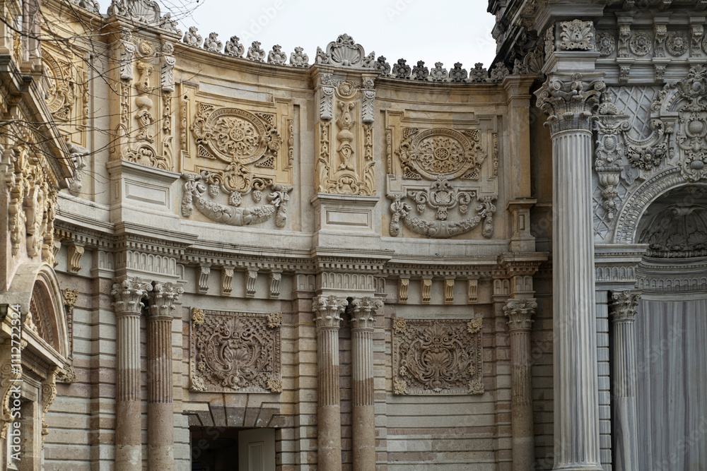 Architectural detail of the Dolmabahçe palace in Istanbul. Built around 1850 it served as the main administrative centre of the Ottoman Empire from 1856 to 1887 and from 1909 to 1922