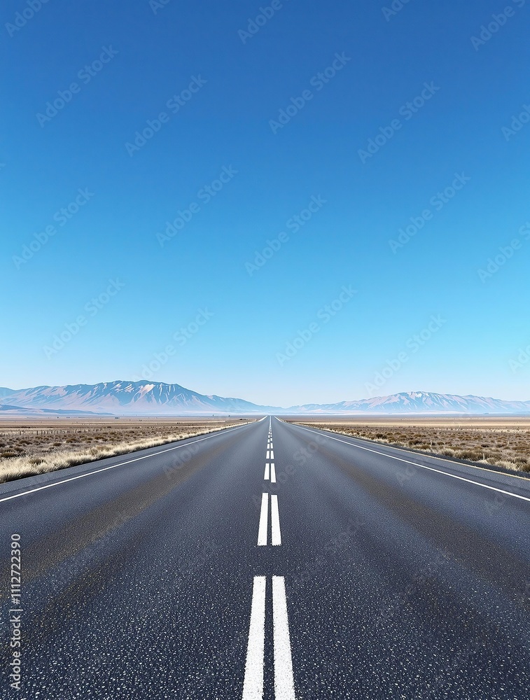 Wide empty highway asphalt road stretching into the distance under a clear blue sky with gentle mountain landscape in the background, sky, open, asphalt, scenery, distance Wide empty highway asphalt road stretching into the distance under a clear blue sky with gentle mountain landscape in the background, sky, open, asphalt, scenery, distance