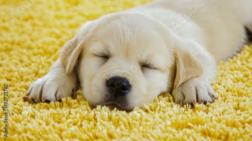 A cute, sleeping puppy resting on a vibrant yellow rug, embodying innocence and peace in a cozy environment. photo