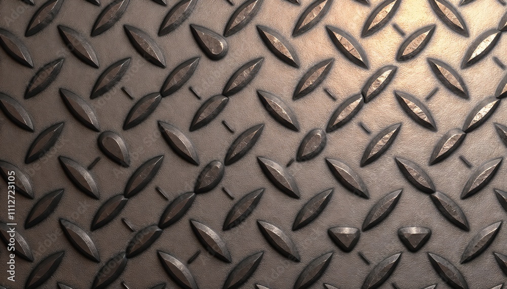 Metallic surface with embossed diamond-shaped pattern and reflective texture. Shiny metal surface with geometric reliefs, casting shadows and light interplay. Embossed metallic texture symbolizing mo Metallic surface with embossed diamond-shaped pattern and reflective texture. Shiny metal surface with geometric reliefs, casting shadows and light interplay. Embossed metallic texture symbolizing mo