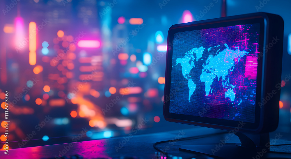 High-Tech Computer Display with Global Map Interface, AI GENERATIVE High-Tech Computer Display with Global Map Interface, AI GENERATIVE