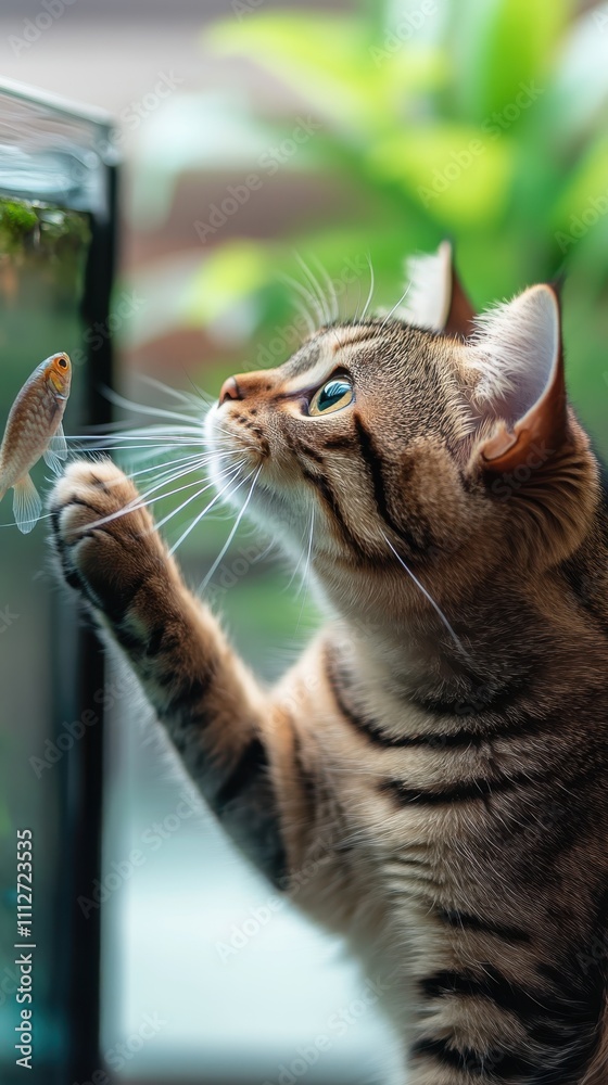A curious striped kitten reaches a paw to touch a solitary fish through a glass tank, capturing a moment of curiosity and play in a vivid indoor setting. A curious striped kitten reaches a paw to touch a solitary fish through a glass tank, capturing a moment of curiosity and play in a vivid indoor setting.