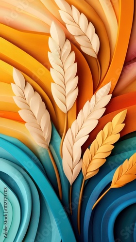 A whimsical abstract design of wheat and vibrant hues, showcasing intricate textures and harmonious color schemes in a visually engaging art composition. photo