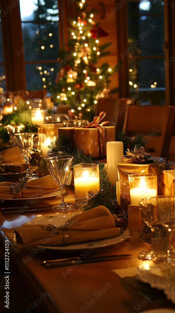 A beautifully set dining table with candles and decorations for a festive celebration. A beautifully set dining table with candles and decorations for a festive celebration.