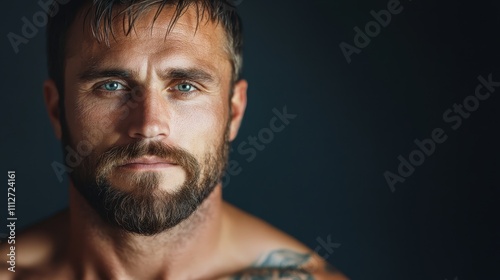 A close-up portrait of a tattooed man with an intense gaze, showcasing his bare physique, power, and a deep sense of resilience and contemplation in a modern world. photo