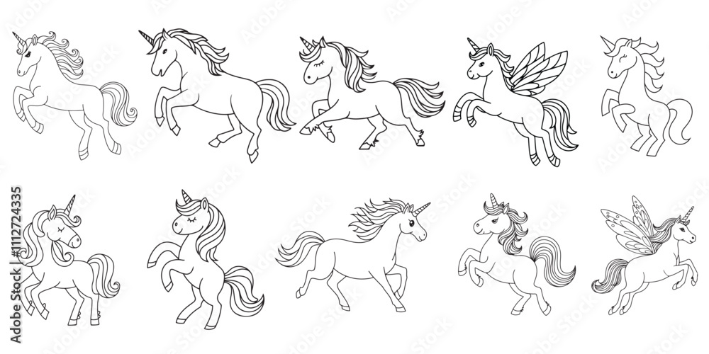 Cute Unicorn line art vector set on white background. unicorn illustration for coloring page. Cute Unicorn line art vector set on white background. unicorn illustration for coloring page.