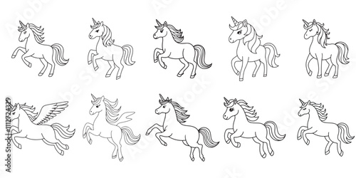 Cute Unicorn line art  vector set on white background. unicorn illustration for coloring page.