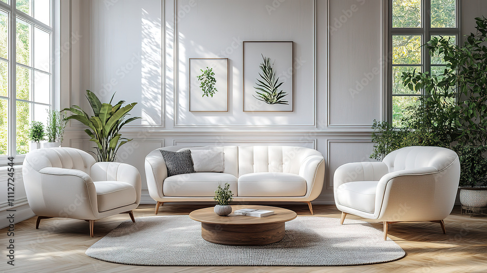 Elegant Scandinavian-style decor showcasing a white sofa and cozy armchairs in the living room Elegant Scandinavian-style decor showcasing a white sofa and cozy armchairs in the living room