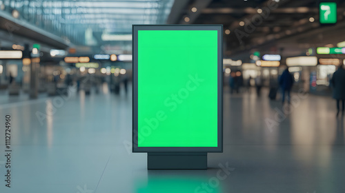 Green screen on a train station digital kiosk, ready for custom content display, set against the bustling background of passengers and transit activity