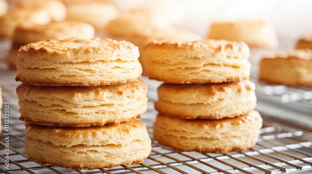 Freshly baked, golden biscuits stacked on a cooling rack, showcasing a flaky texture and inviting warmth, perfect for breakfast or tea time. Freshly baked, golden biscuits stacked on a cooling rack, showcasing a flaky texture and inviting warmth, perfect for breakfast or tea time.