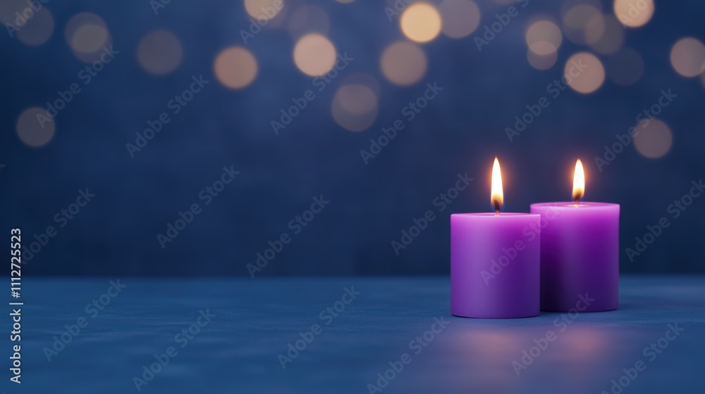 Flaming Purple Aroma Candles at Night on Blurred Dark Background with Warm Golden Bokeh Lights for Relaxation Serenity and Spa Ambiance During Calm Tranquil Evening Moments Flaming Purple Aroma Candles at Night on Blurred Dark Background with Warm Golden Bokeh Lights for Relaxation Serenity and Spa Ambiance During Calm Tranquil Evening Moments