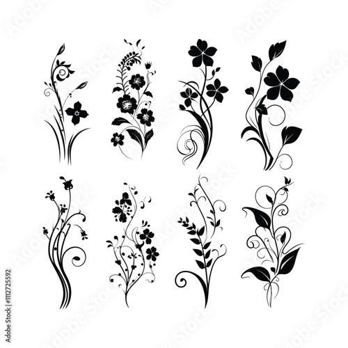 Decorative Floral Element Silhouette set Clipart on a white Background
